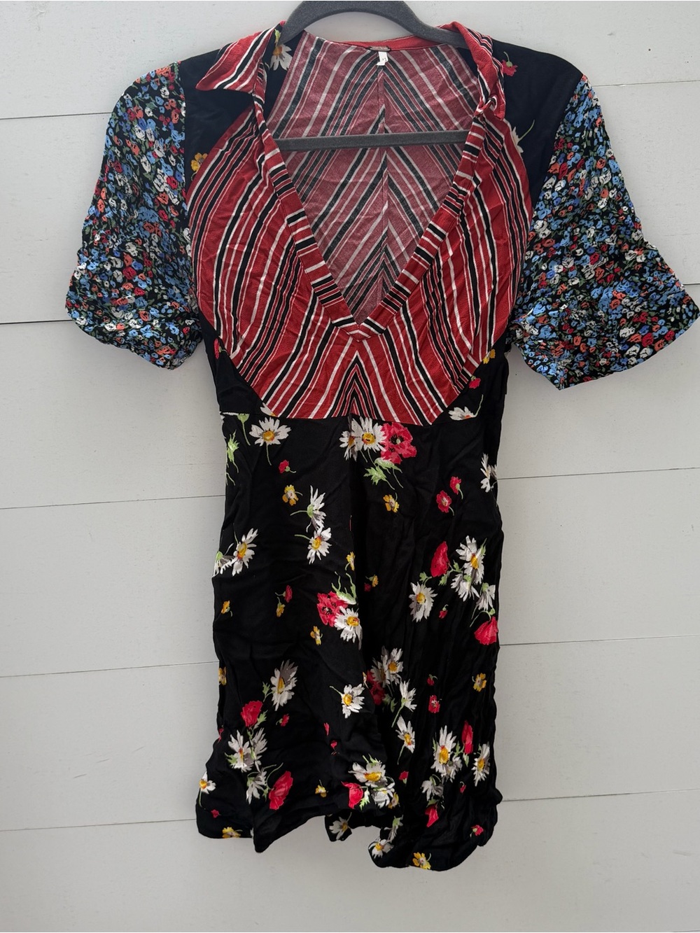 Free People Mix It Up Black Floral Mini Dress w Red Stripe V-Neck